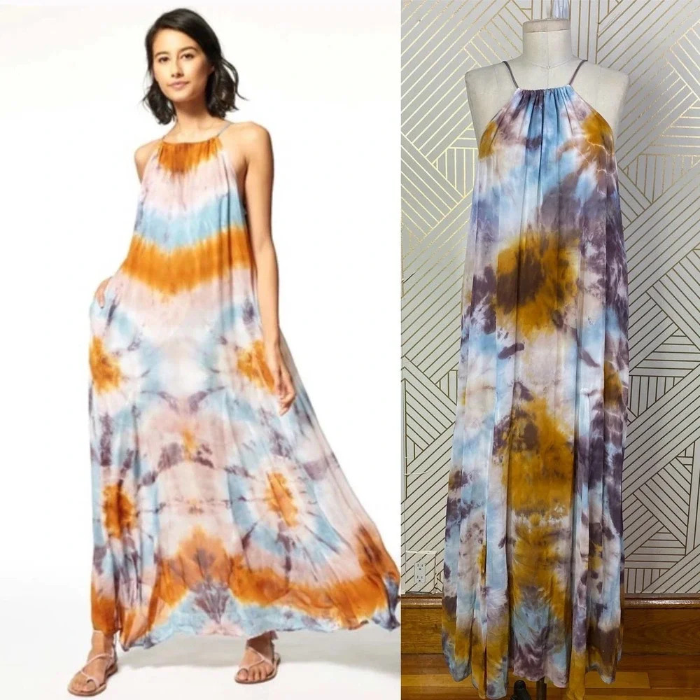 Young Fabulous & Broke Elie Trapeze Orange Blue‎ White Maxi Dress Size Medium